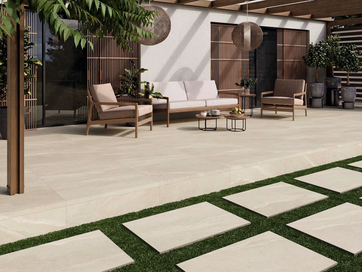 Carrelage pour terrasse imitation pierre de France beige clair
